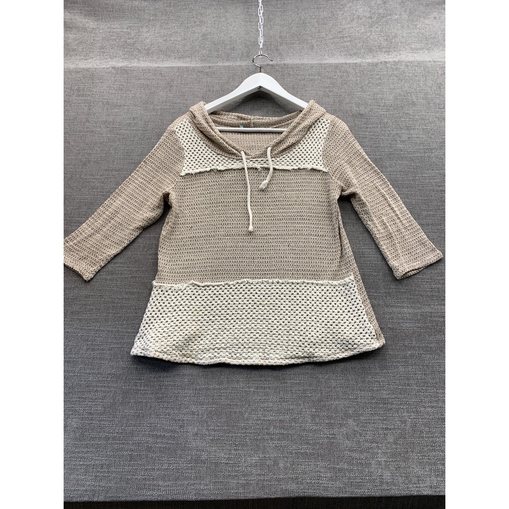 Maurices Hooded Sweater Womens Medium White Brown Crochet Chunky Knit 3/4 Sleeve